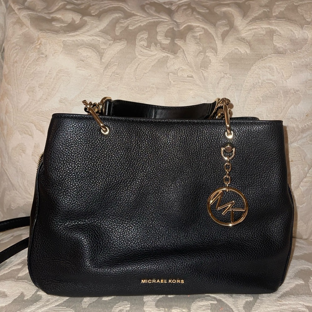 Michael Kors Black Leather Shoulder Bag with Gold Accents
